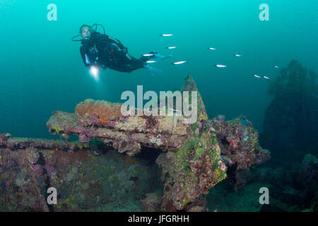 Plongeurs dans l'épave 2 Japonais, lagon de Marovo, les Îles Salomon Banque D'Images