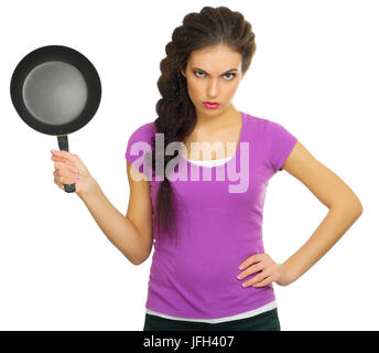 Jeune femme en colère avec pan isolated Banque D'Images