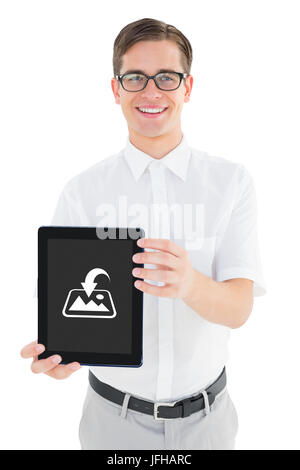 Image composite de geeky businessman showing his tablet pc Banque D'Images