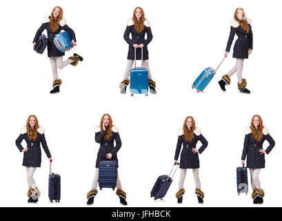 Femme avec valise préparatifs pour l'hiver locations Banque D'Images