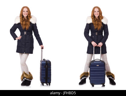 Femme avec valise préparatifs pour l'hiver locations Banque D'Images