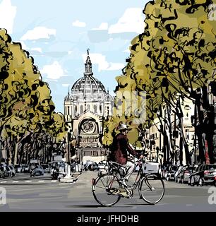 Cycliste sur le boulevard en face de l'église Saint Augustin à Paris - Vector illustration Illustration de Vecteur
