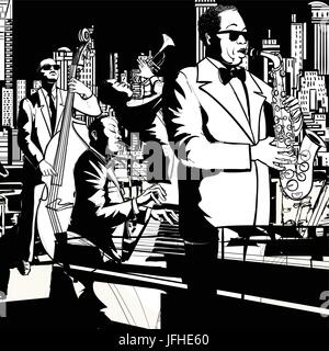 Jazz Band à l'affiche à New York - saxophone contrebasse, trompette et clavier - vector illustration Illustration de Vecteur