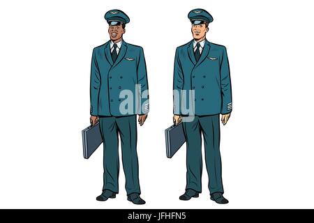 African and Caucasian les pilotes de l'aviation civile. Voyages et transport aérien. Le noir et blanc professionnel. Pop art retro vector illustration Illustration de Vecteur