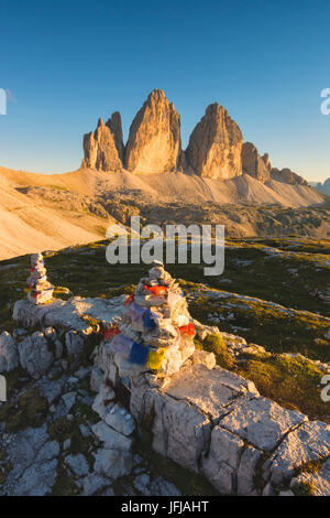 Trois pics au coucher du soleil, la Province de Bolzano, Trentin-Haut-Adige, Italie, Banque D'Images