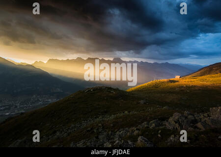 Coucher du soleil, Samedan, Engadine, Suisse, Banque D'Images