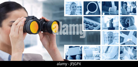 Image composite de brunette businesswoman looking through binoculars Banque D'Images