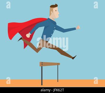 Businessman with cape rouge courir et sauter sur obstacle, concept d'entreprise cartoon vector illustration Illustration de Vecteur