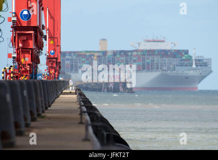 Wilhelmshaven, Allemagne. 07 juillet, 2017. Le nouveau porte-conteneurs OOCL 'Hong Kong' voiles pour la première fois dans l'JadeWeserPort à Wilhelmshaven, Allemagne, 02 juillet 2017. Le plus grand porte-conteneurs - avec une longueur d'environ 400 mètres et une largeur de 59 mètres - appartient à l'association "ligne d'expédition Ocean Alliance', les navires de qui visite chaque semaine certains ports en eau profonde allemand depuis mai. Photo : Ingo Wagner/dpa/Alamy Live News Banque D'Images