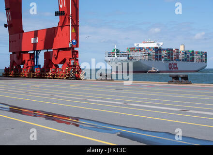 Wilhelmshaven, Allemagne. 07 juillet, 2017. Le nouveau porte-conteneurs OOCL 'Hong Kong' voiles pour la première fois dans l'JadeWeserPort à Wilhelmshaven, Allemagne, 02 juillet 2017. Le plus grand porte-conteneurs - avec une longueur d'environ 400 mètres et une largeur de 59 mètres - appartient à l'association "ligne d'expédition Ocean Alliance', les navires de qui visite chaque semaine certains ports en eau profonde allemand depuis mai. Photo : Ingo Wagner/dpa/Alamy Live News Banque D'Images