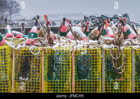 USA, Massachusetts, Cape Ann, Gloucester, Annisquam, Lobster Cove, bouées de homard sous la neige, au début de l'hiver Banque D'Images