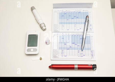 Le diabète, l'équipement médical, gauche, bande de test, et de l'autopiqueur stylo à insuline, testeur de glucose de sang, Banque D'Images