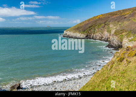 Porthmelgan vu de Wales Coast Path au St David's Head, le Parc National de Pembrokeshire Coast, Pays de Galles, Royaume-Uni, Europe. Banque D'Images