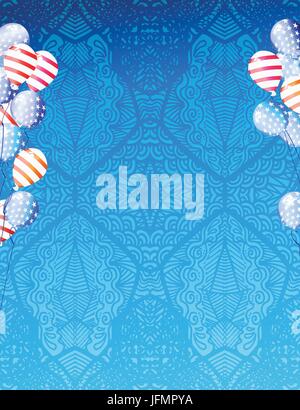 Date de l'indépendance aux États-Unis. Air ballons volent sur les côtés de la feuille. Sur un fond à motifs à partir d'un dessin à la main pour votre conception d'illustration vectorielle bl Illustration de Vecteur