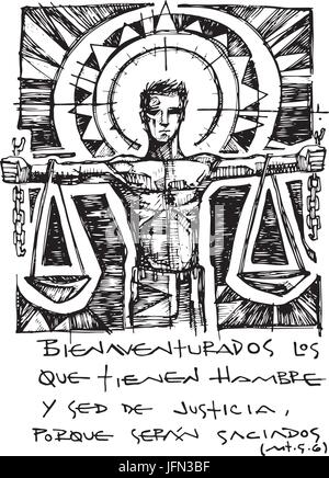 Hand drawn vector illustration ou dessin du Chrstian béatitude biblique en Espagnol : Bienaventurados los que tienen hambre y sed de justicia porqu Illustration de Vecteur