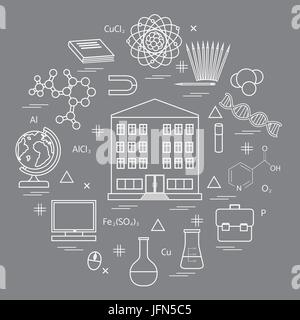 Vector illustration de divers éléments de l'enseignement scientifique, dans un cercle. Y compris les icônes de l'école, globe, crayon, aimant, fiole, molécule et d'autres Illustration de Vecteur