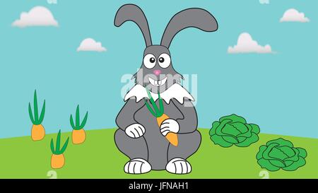 Le lapin se repose dans son jardin parmi les carottes et les choux sur une journée d'été. Illustration de Vecteur