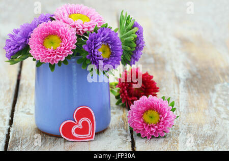 Daisy colorés de fleurs dans vase bleu, rouge coeur with copy space Banque D'Images