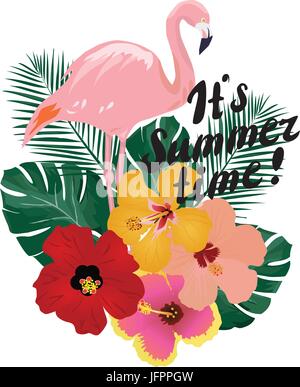 Vector illustration d'arrière-plan avec des fleurs tropicales, Flamingo. Arrière-plan de l'heure d'été. Illustration de Vecteur