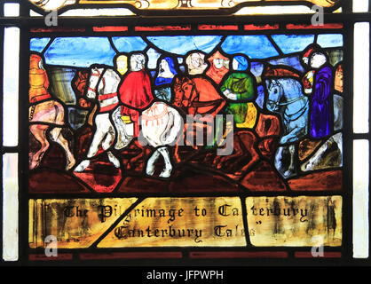 Vitraux photo du pèlerinage à Canterbury, bibliothèque d'Ipswich, Suffolk, Angleterre, RU Banque D'Images