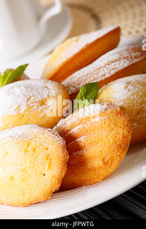 Accueil fraîchement cuits Madeleine cookies avec du sucre en poudre sur une plaque verticale. Banque D'Images