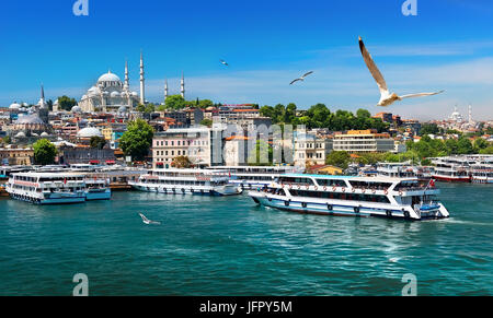 Bateaux touristiques dans la baie de la Corne d''Istanbul et vue sur la mosquée Suleymaniye, Turquie Banque D'Images