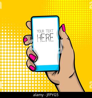 Pop art comic cartoon texte main femme smart phone écran tactile. Fille humaine wow des points de trame de l'affiche de l'arrière-plan. Bulle de dialogue vierge publicité Illustration de Vecteur