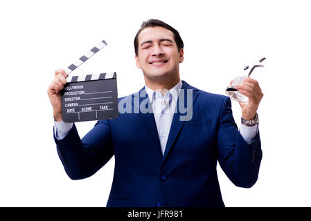 Le bel homme avec movie clapper isolated on white Banque D'Images