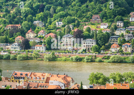 Beaucoup de maisons d'habitation à la colline de la digue de la rivière Neckar au centre de Heidelberg, une vue panoramique sur les toits, B Banque D'Images