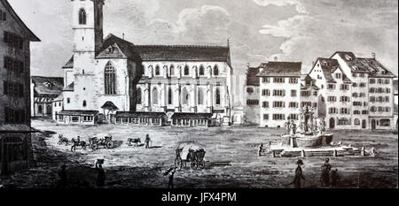 Münsterhof Ausstellung vom Parkplatz Markplatz zum zum Kulturplatz Münsterhof - Der mit dem 1811 abgebrochenen Neptun Brunnen, Emil Schulthess um 1835, Kunsthaus Zürich Grafische Sammlung 2015-07-16 12-30-32 Banque D'Images