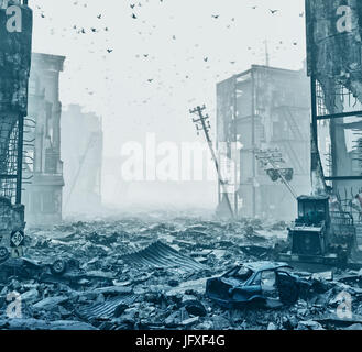 Ruines d'une ville dans le brouillard. Concept 3d illustration Banque D'Images
