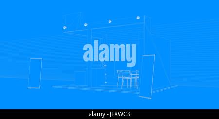 Le rendu 3D d'une exposition avec fond bleu Banque D'Images