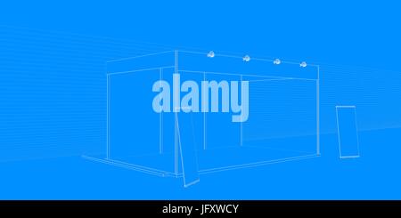 Le rendu 3D d'une exposition avec fond bleu Banque D'Images