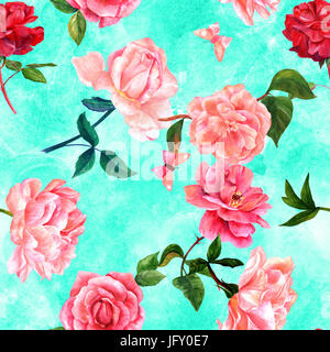 Un modèle sans couture avec aquarelles de fleurs roses rouges et roses, camélias, de pivoines et papillons, peintes à la main sur un arrière-plan de sarcelles Banque D'Images