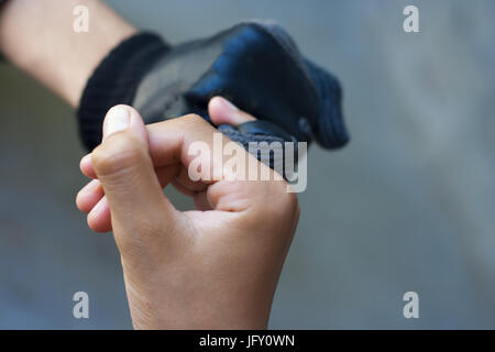 Main humaine portant des gants de motards. Banque D'Images