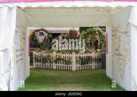 Le Palais de Hampton Court, East Molesey, UK. 3 juillet, 2017. Festival des Roses chapiteau entrée. La plus grande exposition florale annuelle se déroule du 4 au 9 juillet, flanquant les deux côtés de l'eau longue de Hampton Court Palace et comprend des jardins, Spectacle, chapiteau chapiteau floral rose et des pavillons. Credit : Malcolm Park / Alamy Live News. Banque D'Images