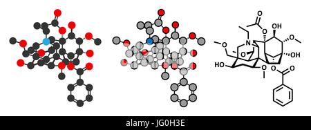 Molécule de l'aconitine. Toxine présente dans les plantes (monkshood Aconitum). Formule topologique classique et représentations stylisées. Illustration de Vecteur