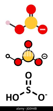 L'anion bisulfite, structure chimique. Sels communs : bisulfite de sodium (E222) et de potassium bisulfite de sodium (E228), utilisés comme agents de conservation. Centre Illustration de Vecteur
