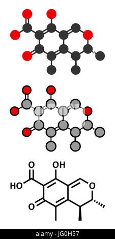 Mycotoxine citrinine molécule. Formule topologique classique et représentations stylisées. Illustration de Vecteur