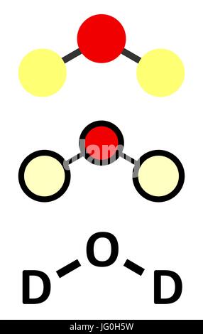 L'oxyde de deutérium (eau lourde) molécule. Formule topologique classique et représentations stylisées. Illustration de Vecteur