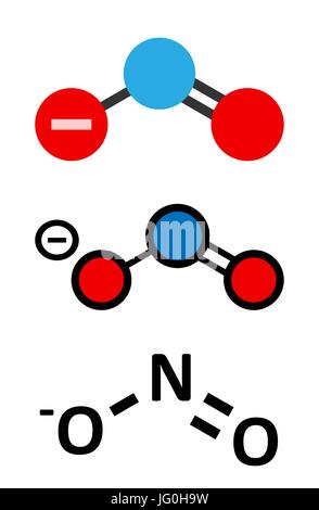 L'anion nitrite, structure chimique. Les sels de nitrite sont utilisés dans le traitement de la viande. Formule topologique classique et représentations stylisées. Illustration de Vecteur