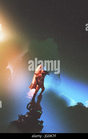 La spaceman avec jetpack rouge rocket standing against starry sky, art numérique, peinture style illustration Banque D'Images