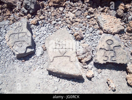 Pétroglyphes gravés dans la pierre de lave à Puako Petroglyph Parc archéologique près de Waimea, Big Island, Hawaï (Hawaii). Banque D'Images