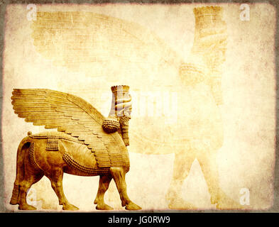 Grunge background avec texture du papier et à tête humaine - lamassu taureau ailé assyrien, statue divinité protectrice Banque D'Images