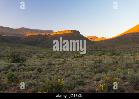 Au paysage majestueux Parc national du Karoo, Afrique du Sud. Tableau panoramique les montagnes, les canyons et les falaises au coucher du soleil. Aventure et d'exploration en Afrique, su Banque D'Images