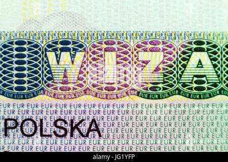 Close up de visa dans le passeport. La Pologne de voyage Schengen concept. Banque D'Images