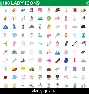 100 dame icons set, cartoon style Illustration de Vecteur