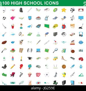 100 high school icons set, cartoon style Illustration de Vecteur