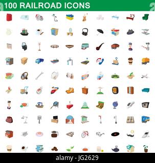 100 railroad icons set, cartoon style Illustration de Vecteur