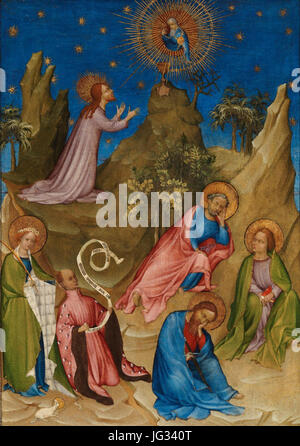 Ce tableau représente le Christ dans le jardin de Gethsémani, accompagné de Sainte Agnès et Louis Ier d'Orléans. La scène capture un moment d’importance religieuse, avec des détails complexes reflétant la profondeur émotionnelle de l’histoire biblique. Banque D'Images